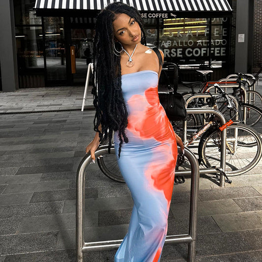 Off Shoulder Print Tube Maxi Dress for Women