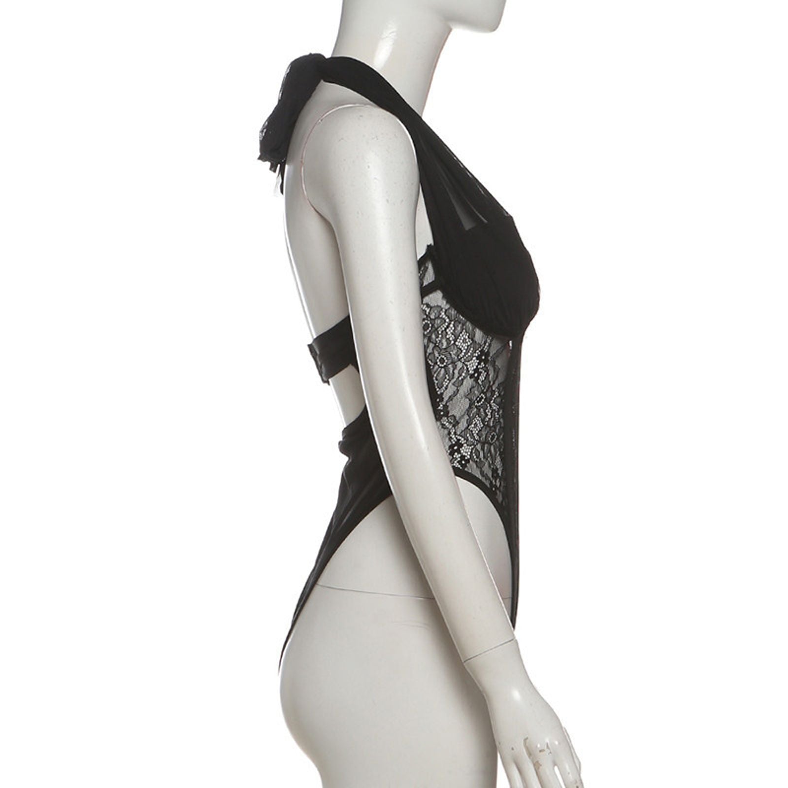 Mesh Patchwork Bodysuit - Halter Low-Neck Backless