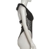 Mesh Patchwork Bodysuit - Halter Low-Neck Backless