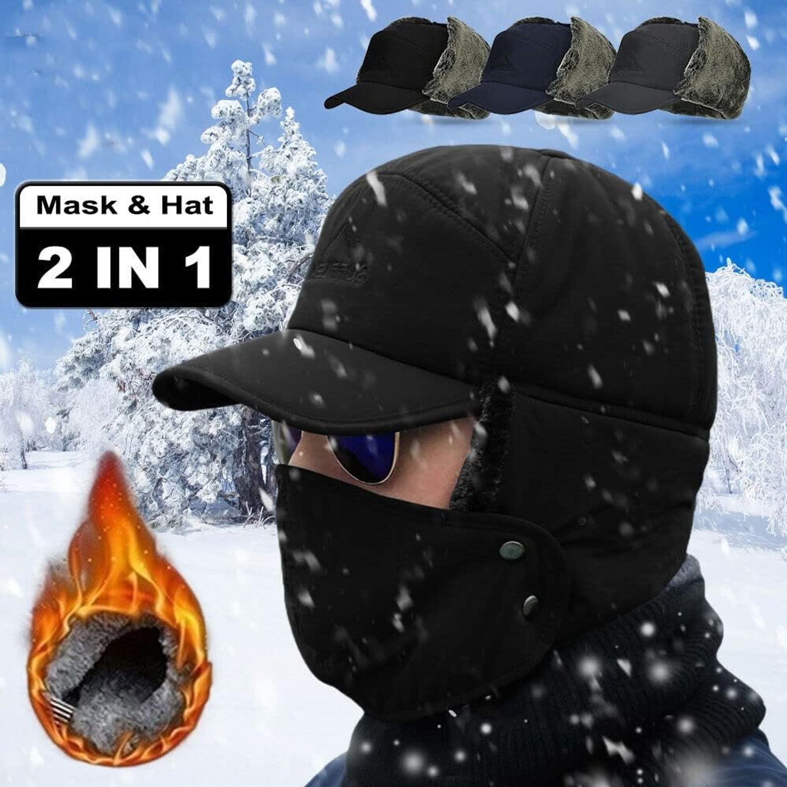 Men's Winter Trapper Hat with Ear Flaps and Face Cover