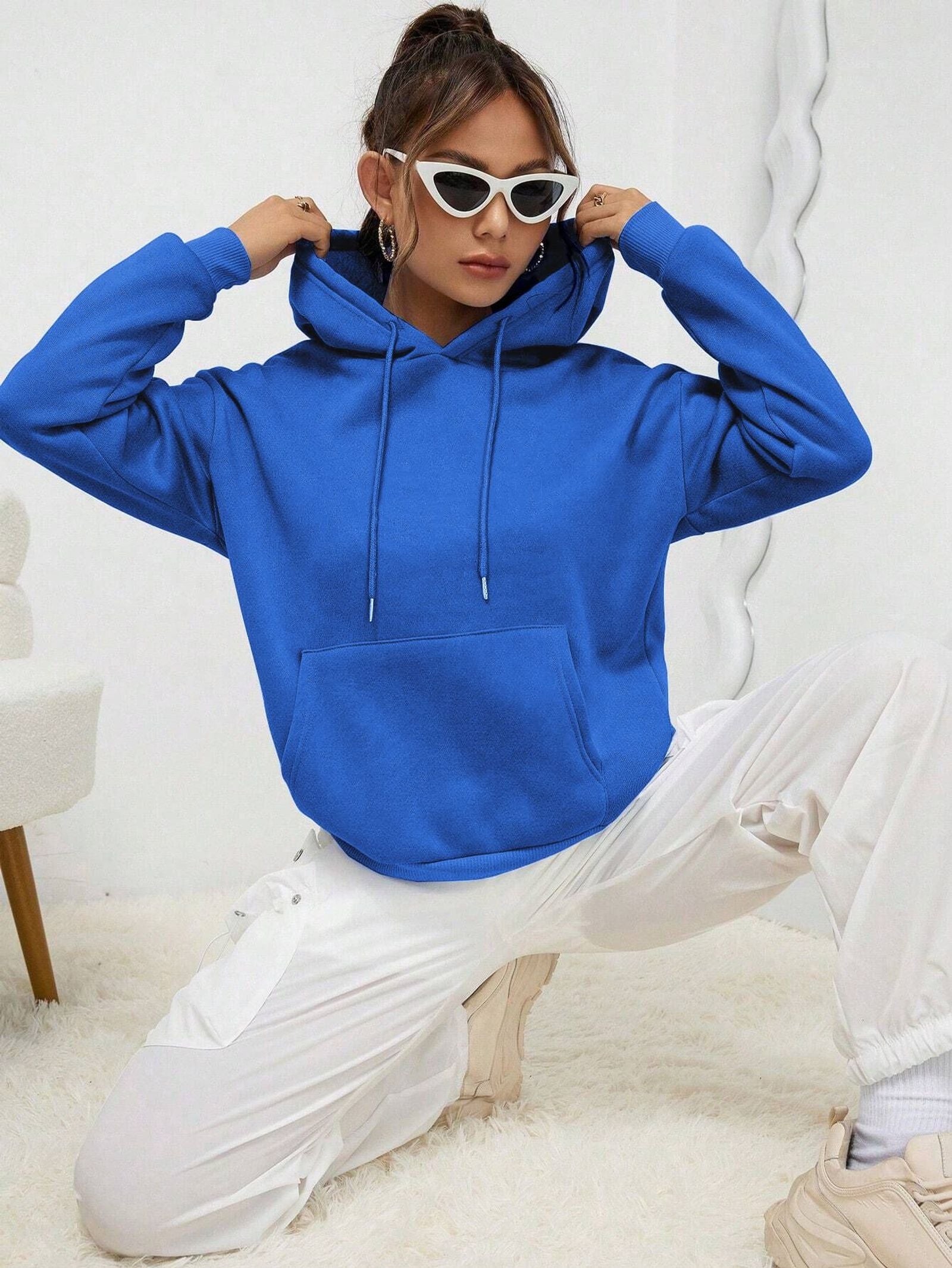 Solid Color Fleece Hoodie for Women