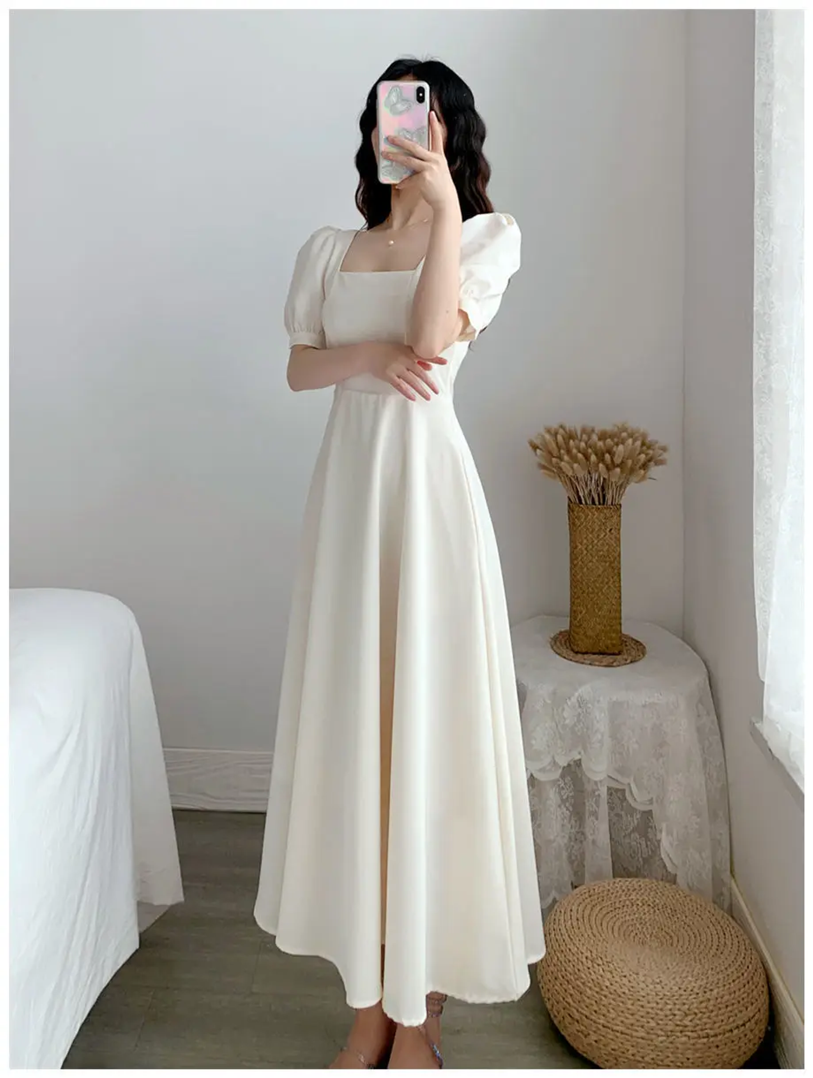 Slim Fit White Bubble Sleeve Dress with Square Neck