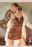 Rebeyuli Women's Leopard Print Velvet Lingerie Dress Set