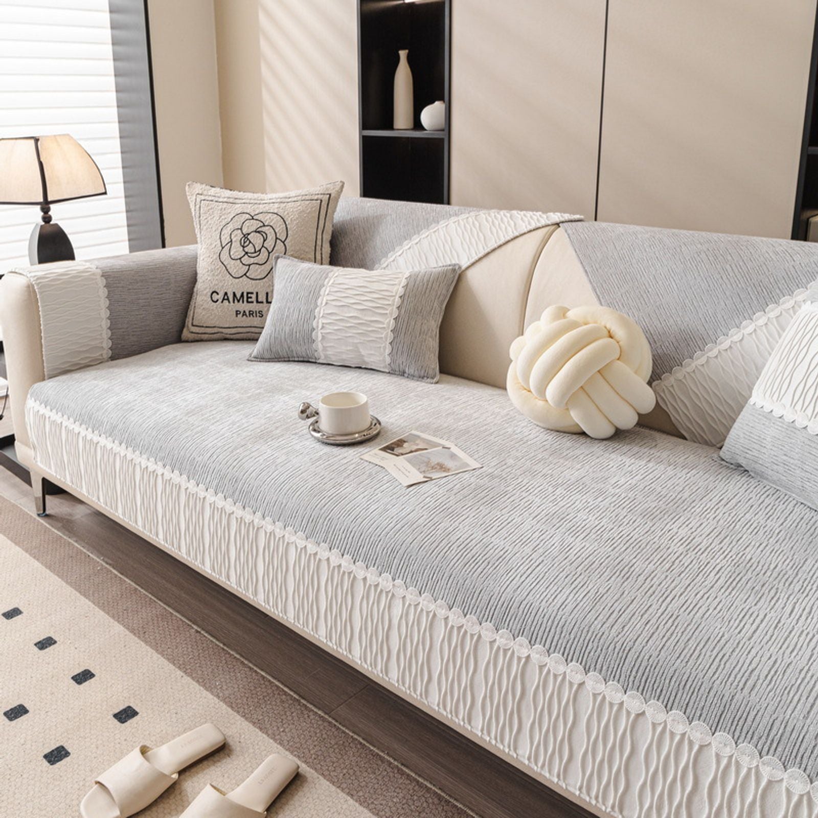 Solid Chenille Sofa Cover with Delicate Lace Decor