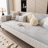 Solid Chenille Sofa Cover with Delicate Lace Decor