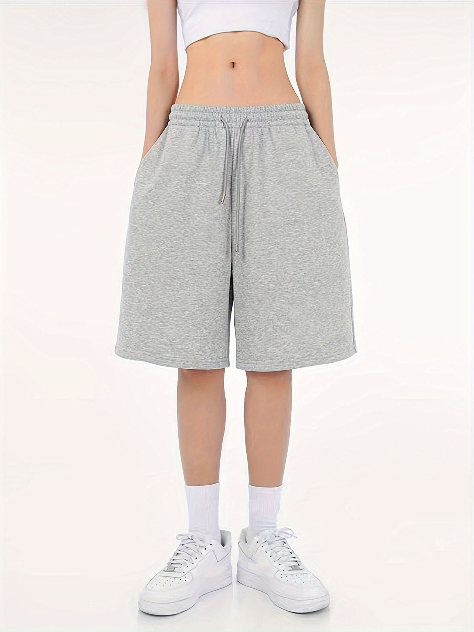 Plus-Size Grey Drawstring Waist Athletic Shorts for Women