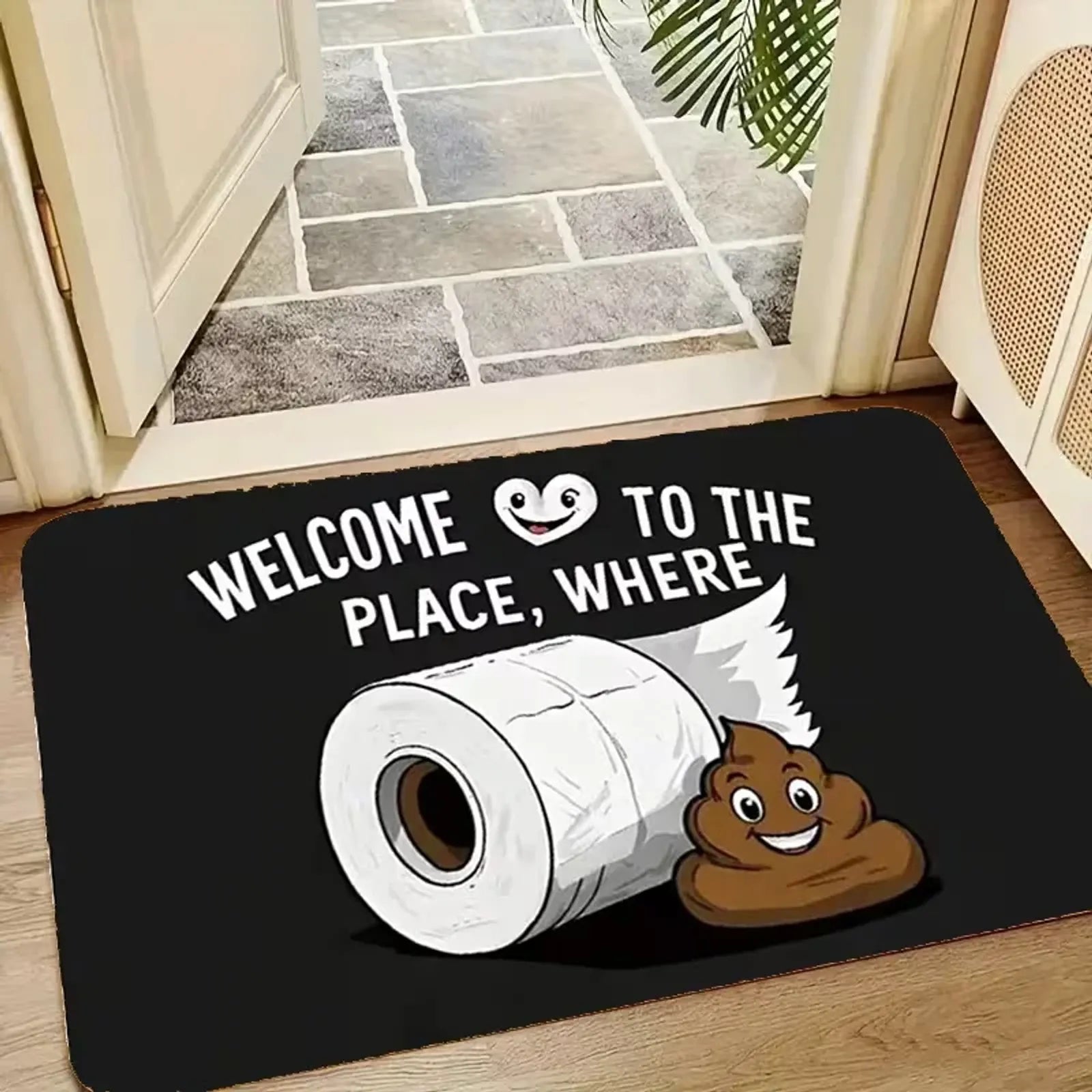 Funny Toilet Rug Humor Doormat - Welcome to the Place Where Shit Happens