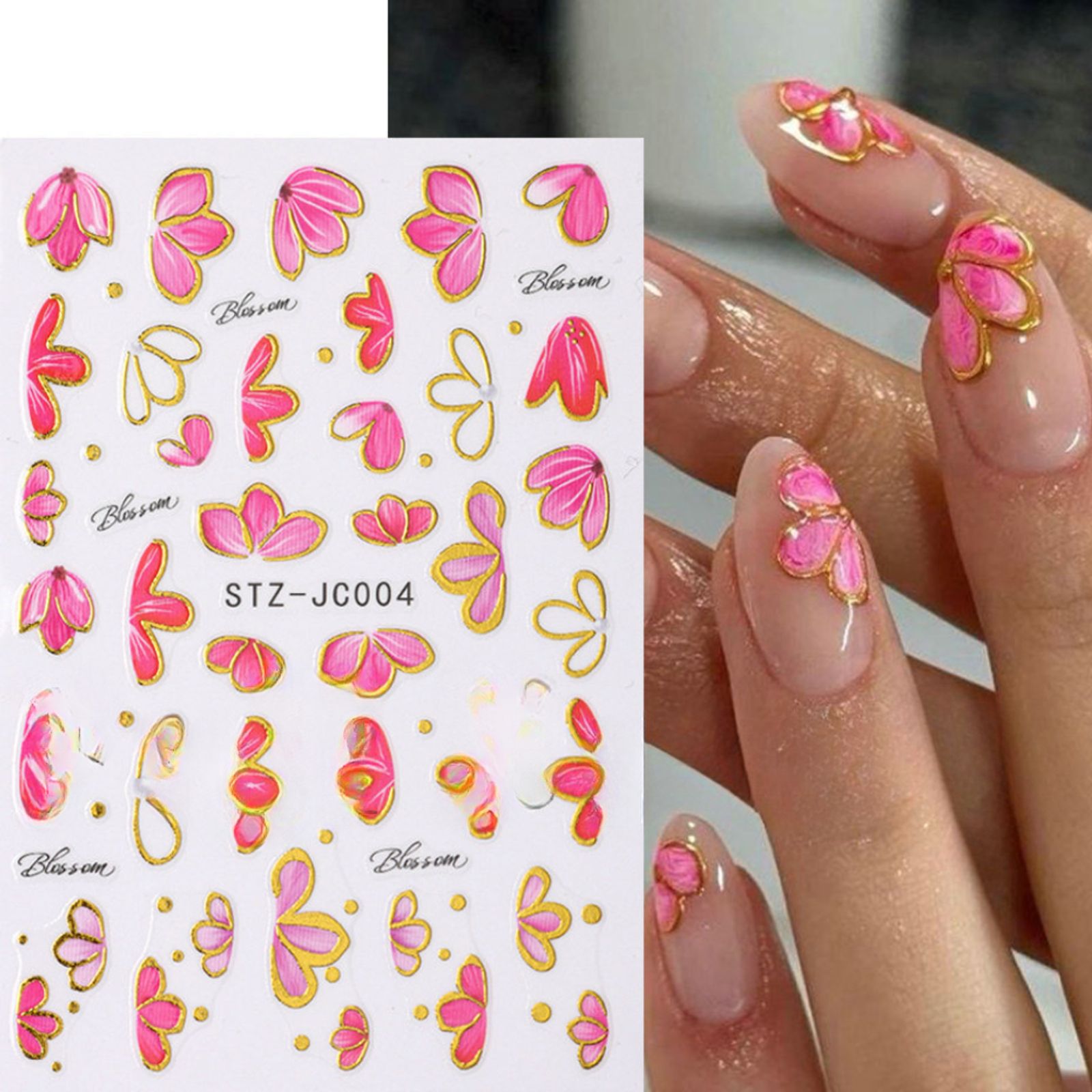 3D Pink Gold Flower Nail Stickers with Metallic Gold Lines