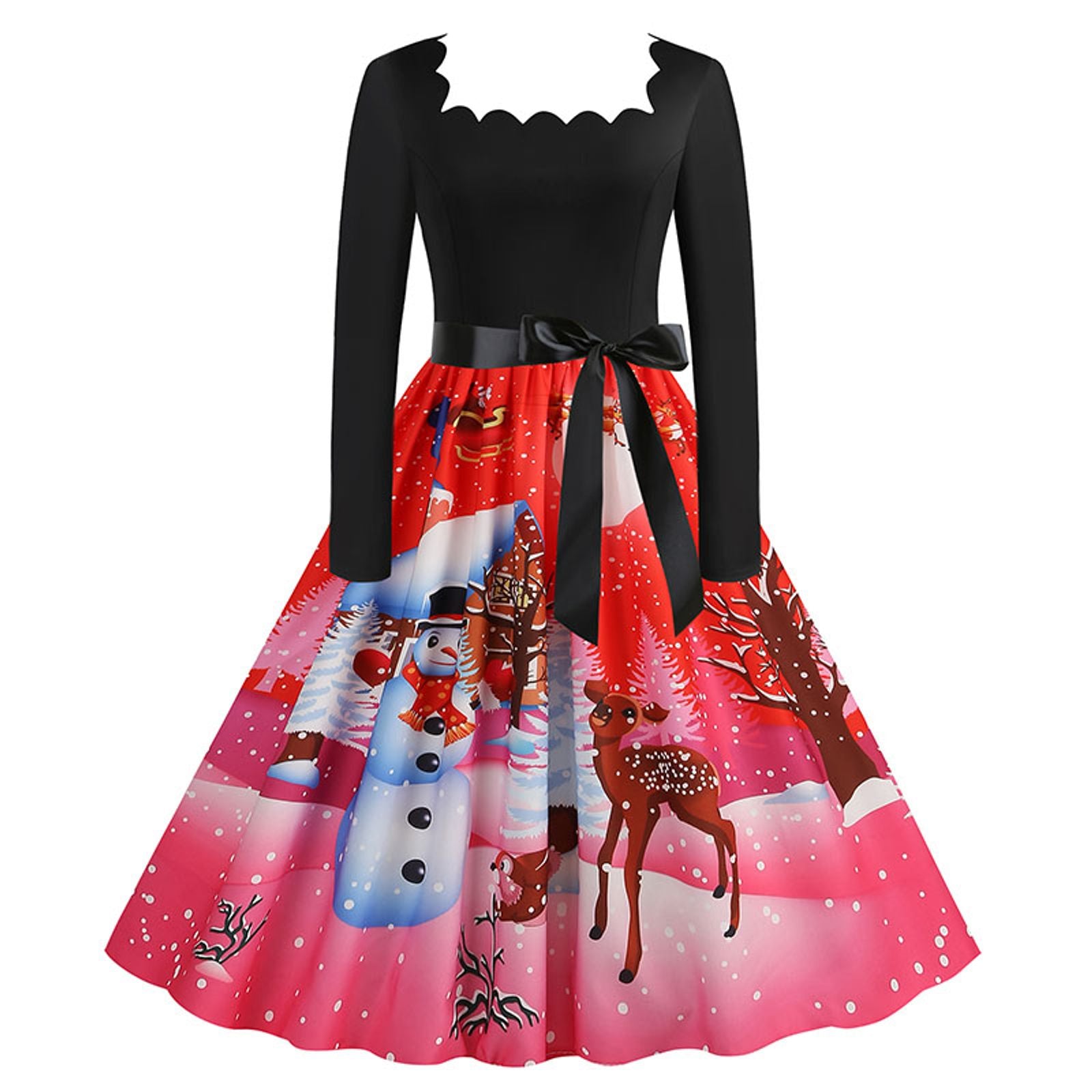 Women's Vintage Christmas Midi Dress with Square Collar