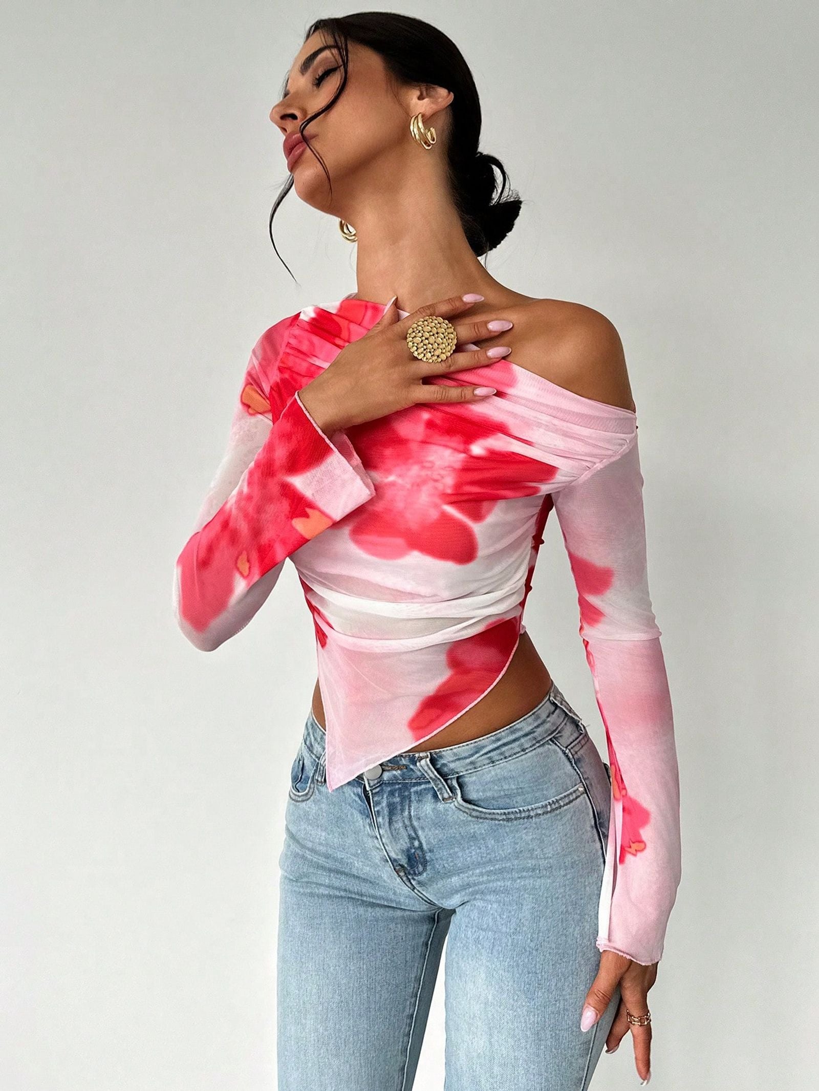 Sweet Spice Mesh Print Off-the-Shoulder Long Sleeve Top