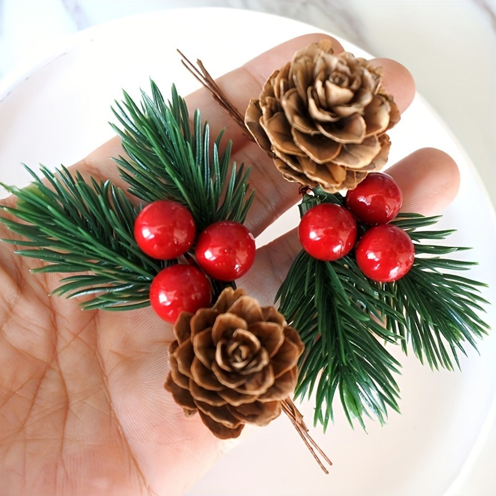 10pcs Artificial Pine Cones & Red Berry Stems for Christmas
