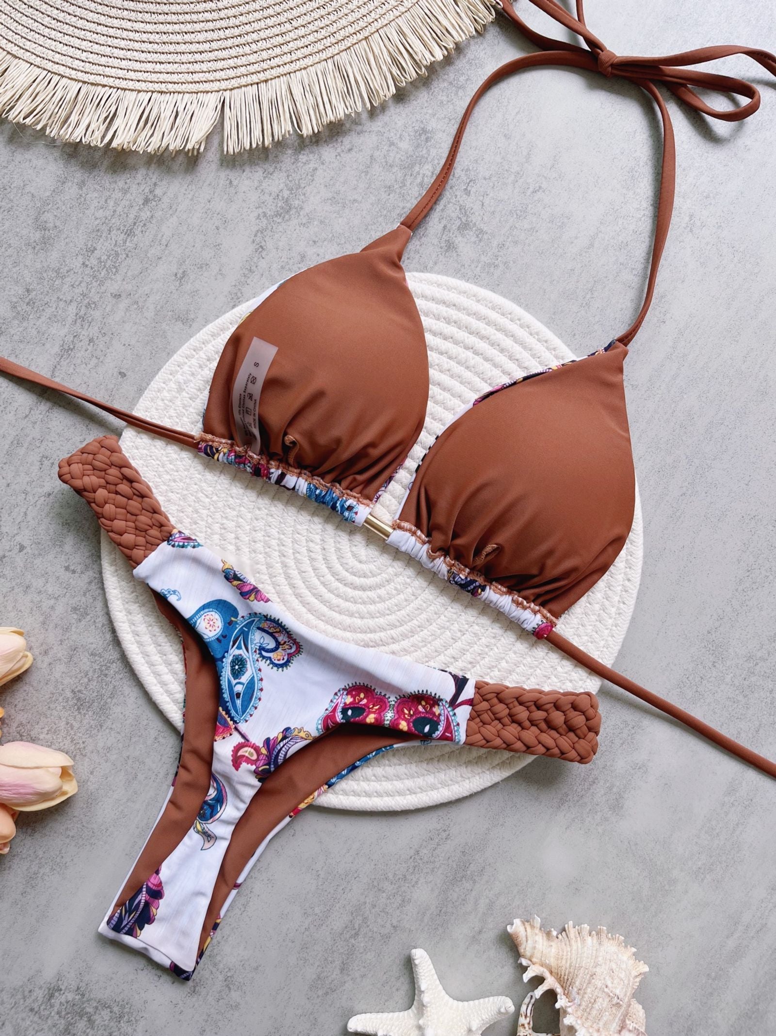 Print Halter Mini Thong High Cut Bikini Set