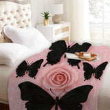 Pink Butterfly Rose Flannel Throw Blanket