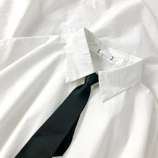 Women’s White Short Sleeve Lapel Blouse with Tie