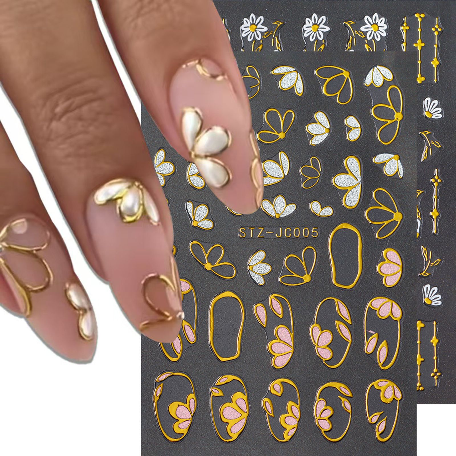 3D Pink Gold Flower Nail Stickers with Metallic Gold Lines