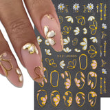 3D Pink Gold Flower Nail Stickers with Metallic Gold Lines