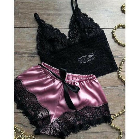 2PC Womens Lace Sleepwear Lingerie Set with Shorts