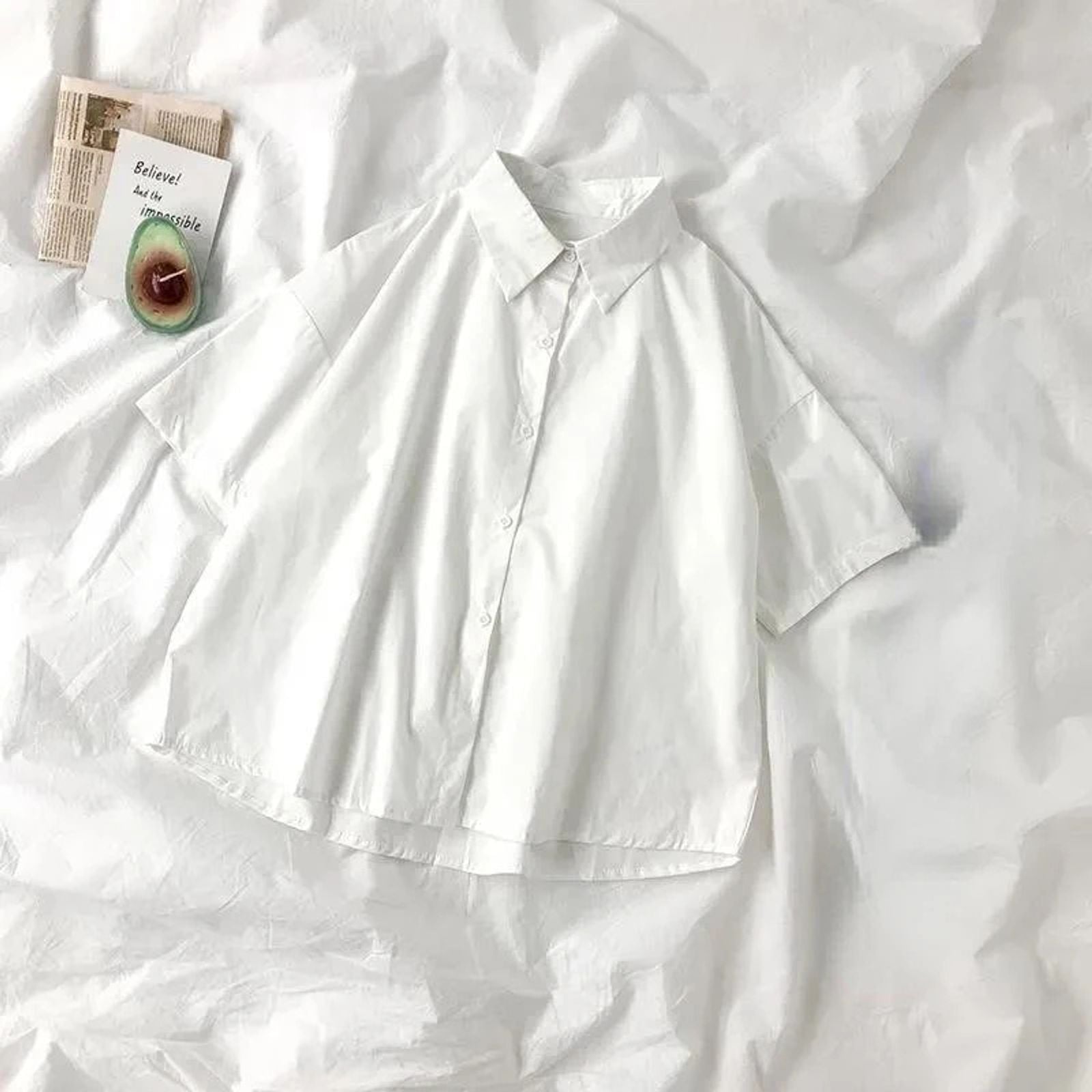 Women’s White Short Sleeve Lapel Blouse with Tie