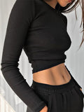 Women’s Ribbed O Neck Long Sleeve Cropped Top
