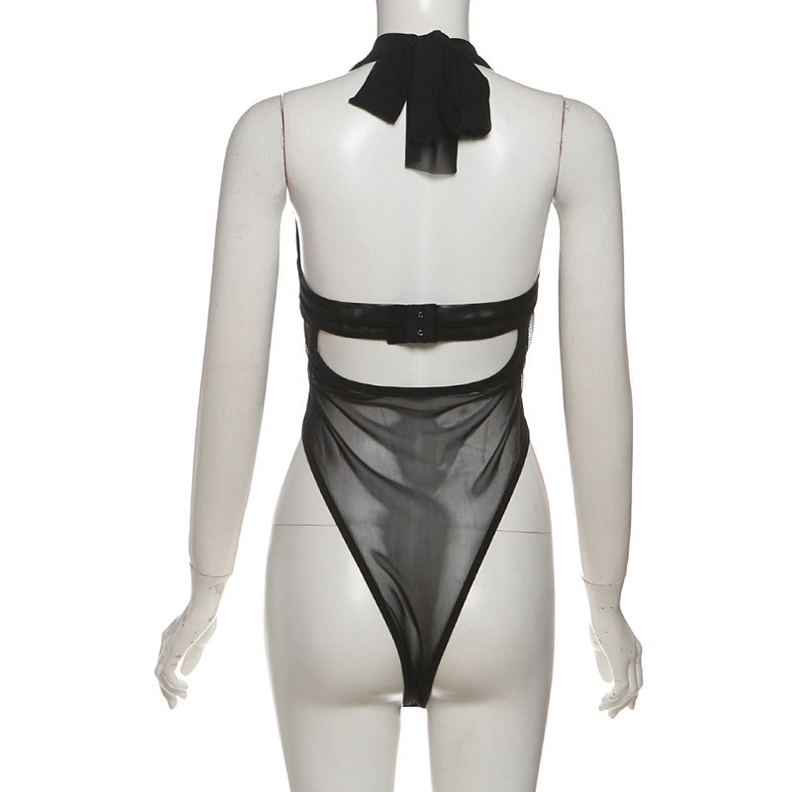 Mesh Patchwork Bodysuit - Halter Low-Neck Backless