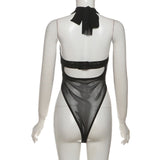 Mesh Patchwork Bodysuit - Halter Low-Neck Backless