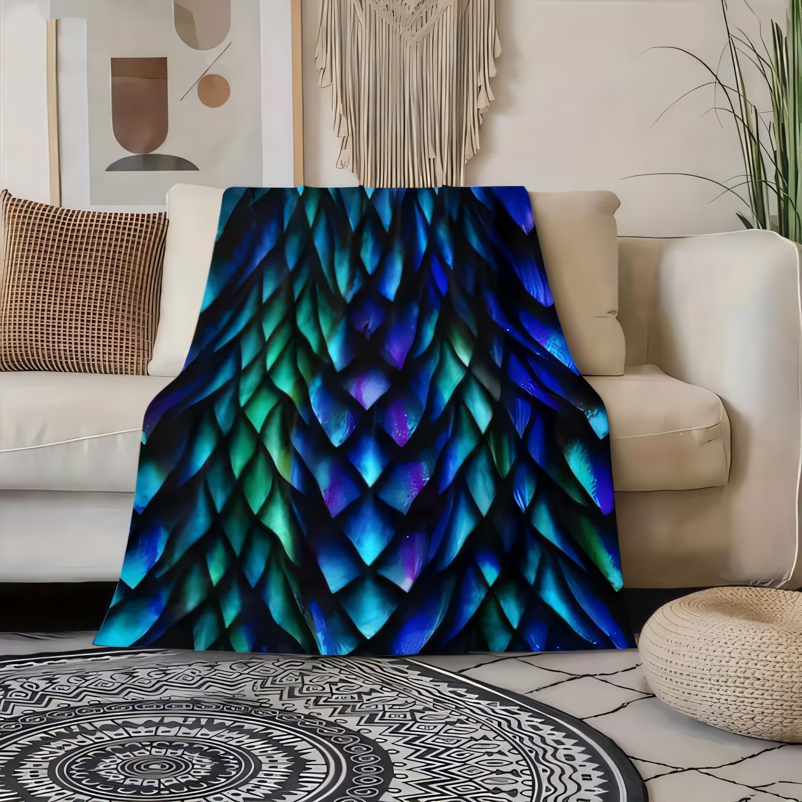 Vibrant Dragon Scale Pattern Throw Blanket in Deep Blue Teal