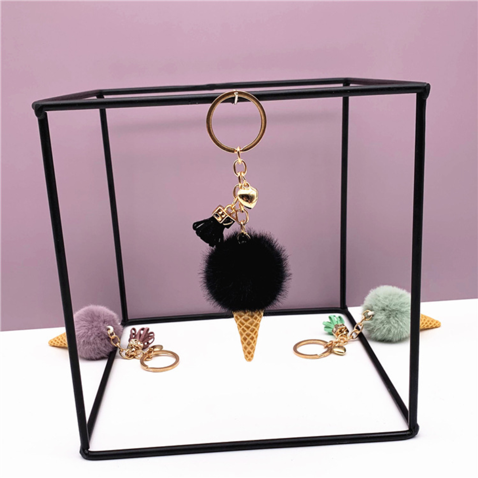 Ice Cream Plush Pompom Keychain for Bag or Jewelry