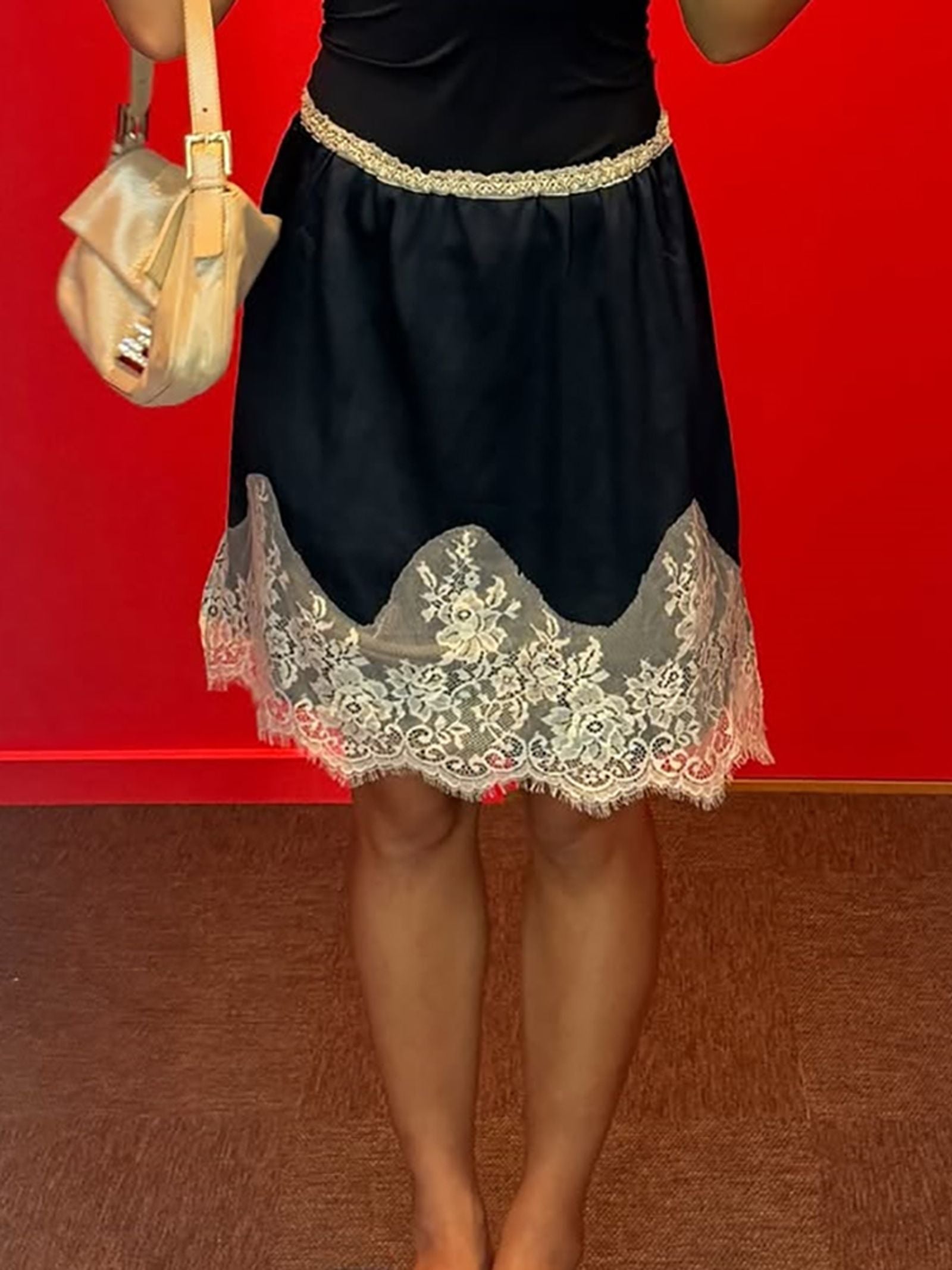 Y2K Style Satin Mini Skirt with Lace Patchwork