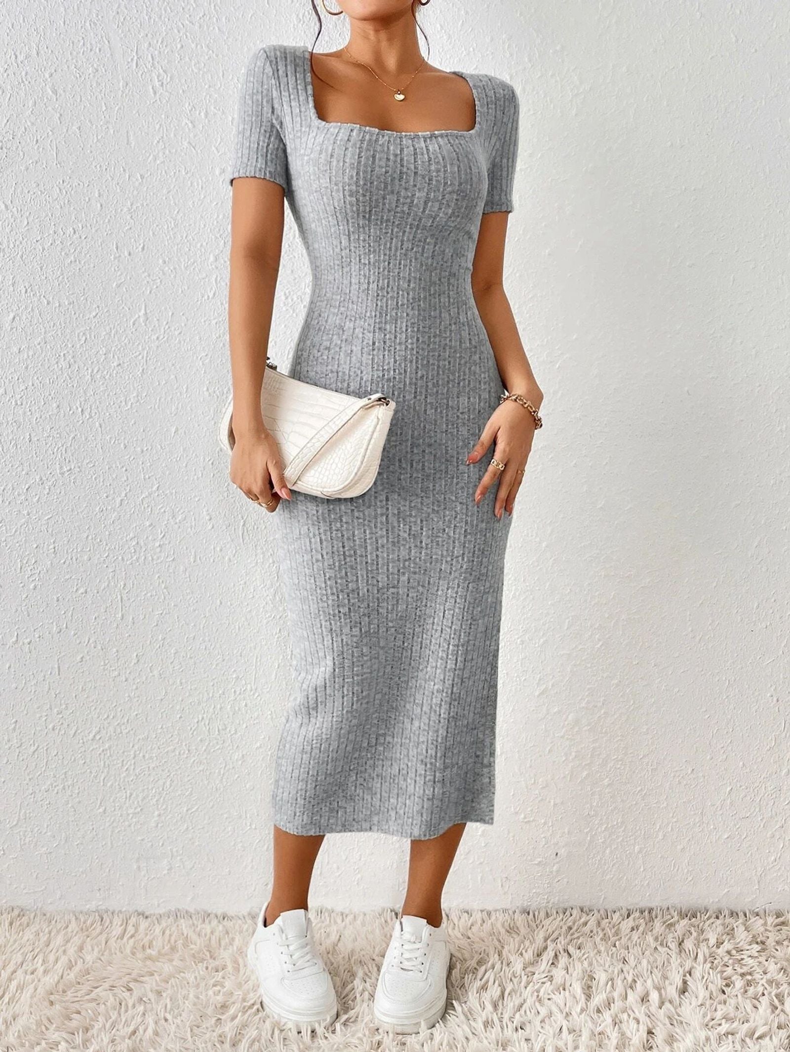 Women’s Casual Knitted Dress with Square Collar