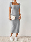 Women’s Casual Knitted Dress with Square Collar