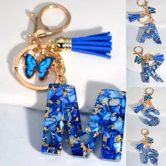 Blue Glazed Stone A-Z Letter Keychain with Butterfly Pendant