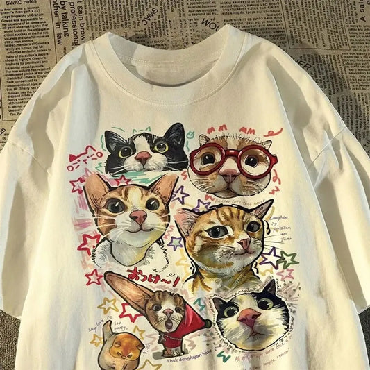 American Retro Cartoon Cat Print Summer T-Shirt