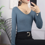 Women’s Solid Rib Knit V-Neck Stripe Sweater