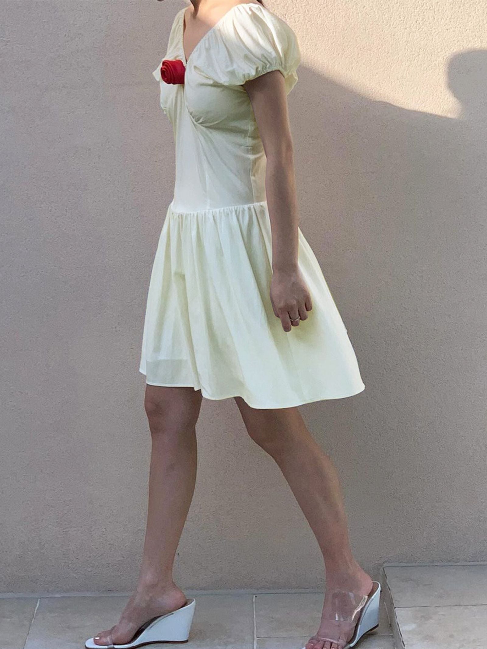 Women's Summer Casual Slim Dress with Puff Sleeves