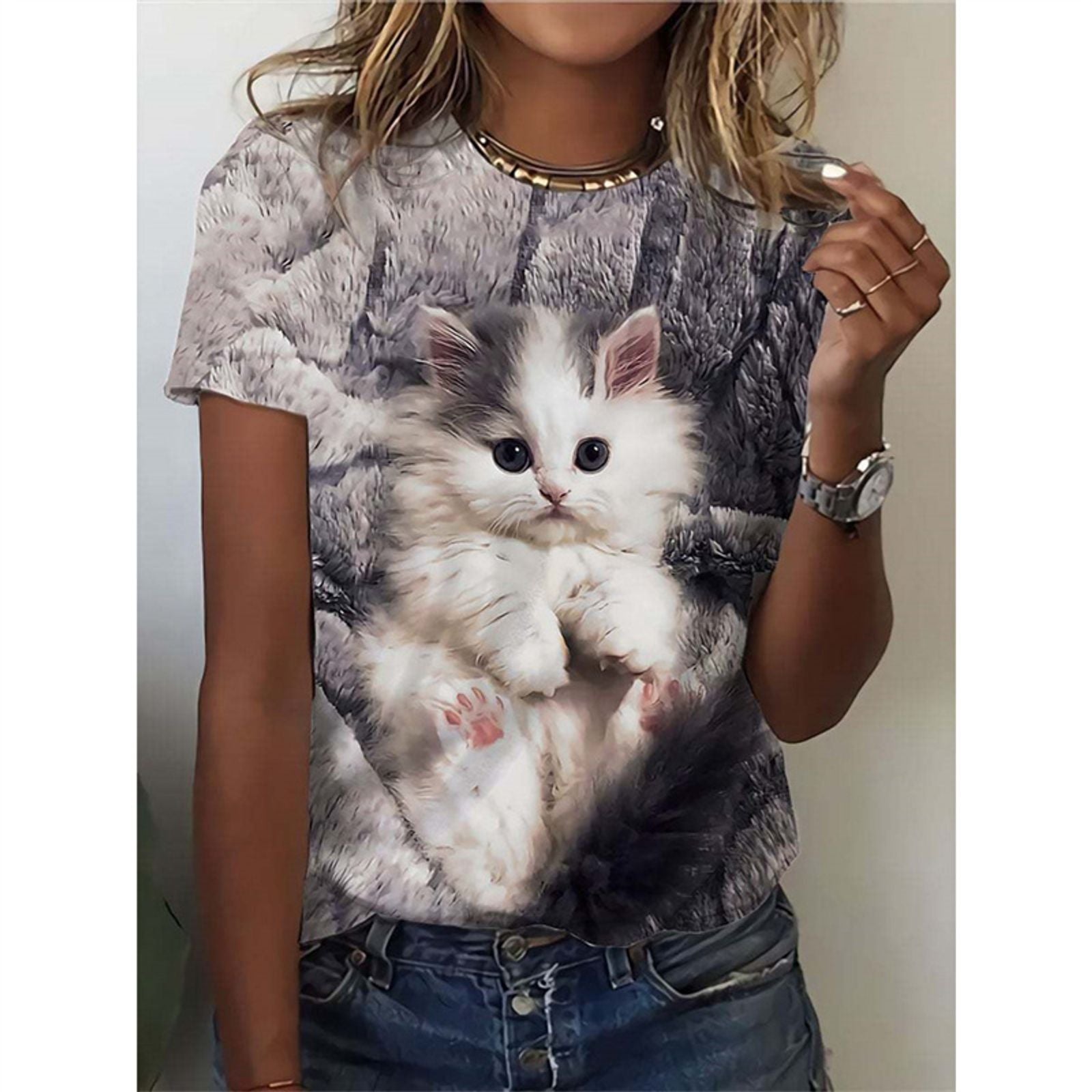 Funny Cat Print T-Shirt for Women
