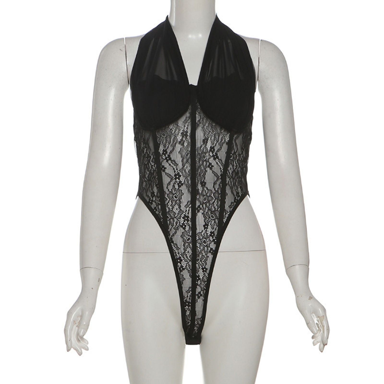 Mesh Patchwork Bodysuit - Halter Low-Neck Backless