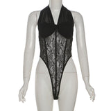 Mesh Patchwork Bodysuit - Halter Low-Neck Backless