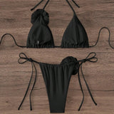 Sexy 3D Flowers Halter Strappy Bikini Set