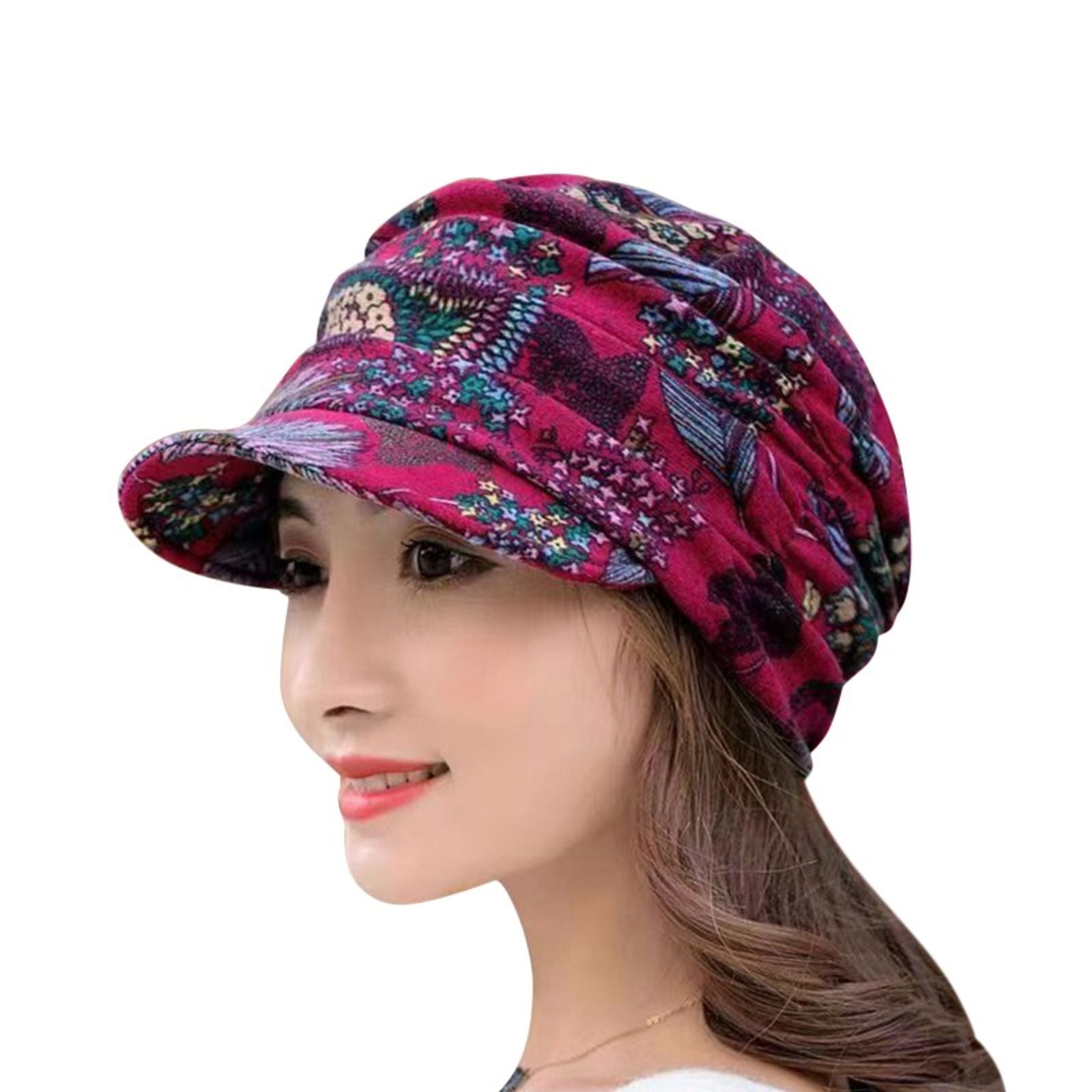 Women’s Peaked Cap with Earflaps - Floral Print
