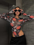 Gothic Printed Long Sleeve Bodysuit Jumpsuit for Women