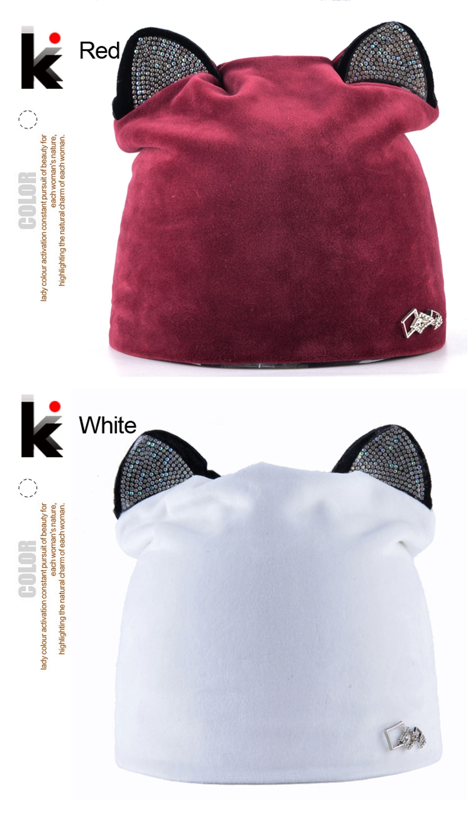 Women's Warm Velvet Cat Beanie with Flashing Rhinestones