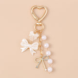 Cute Bowknot Love Heart Keychain with Crystal and Pearl