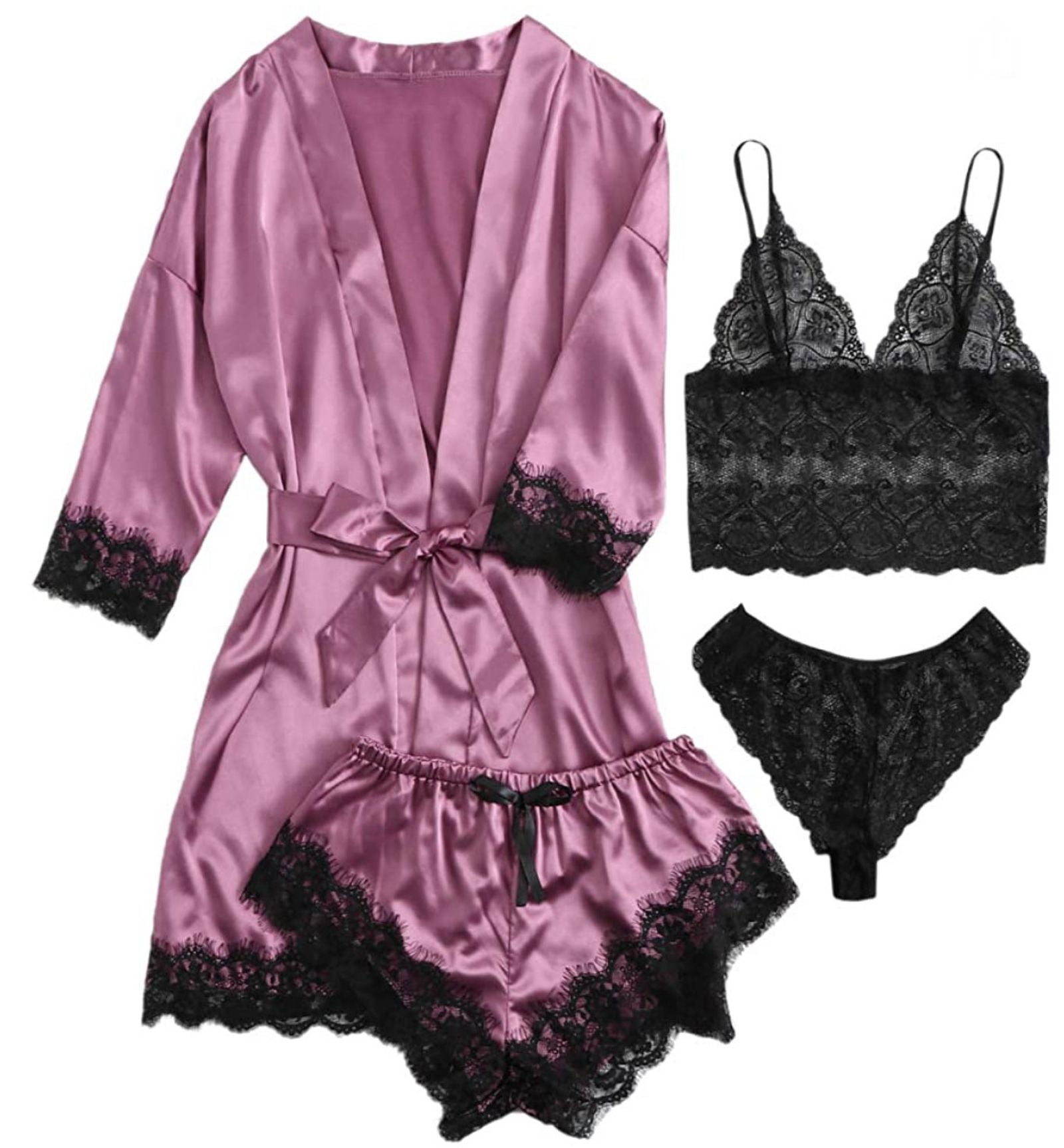 4pcs Women's Striped Lingerie Set with Lace Trim