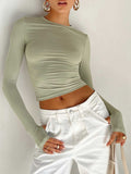 Womens Long Sleeve Crew Neck Crop Top with Thumb Holes