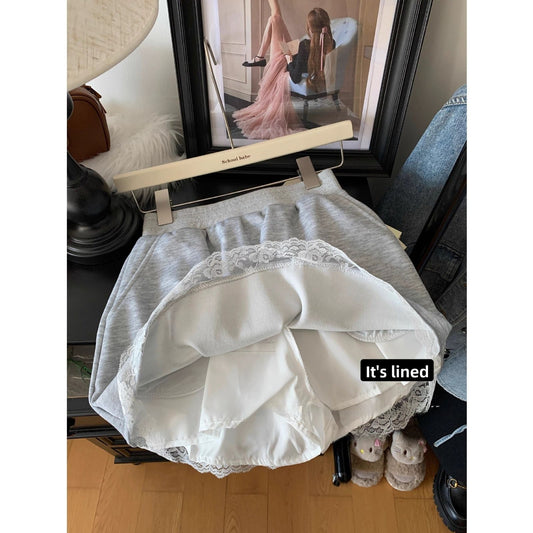 Grey Lace Trim High Waist Casual Shorts for Women