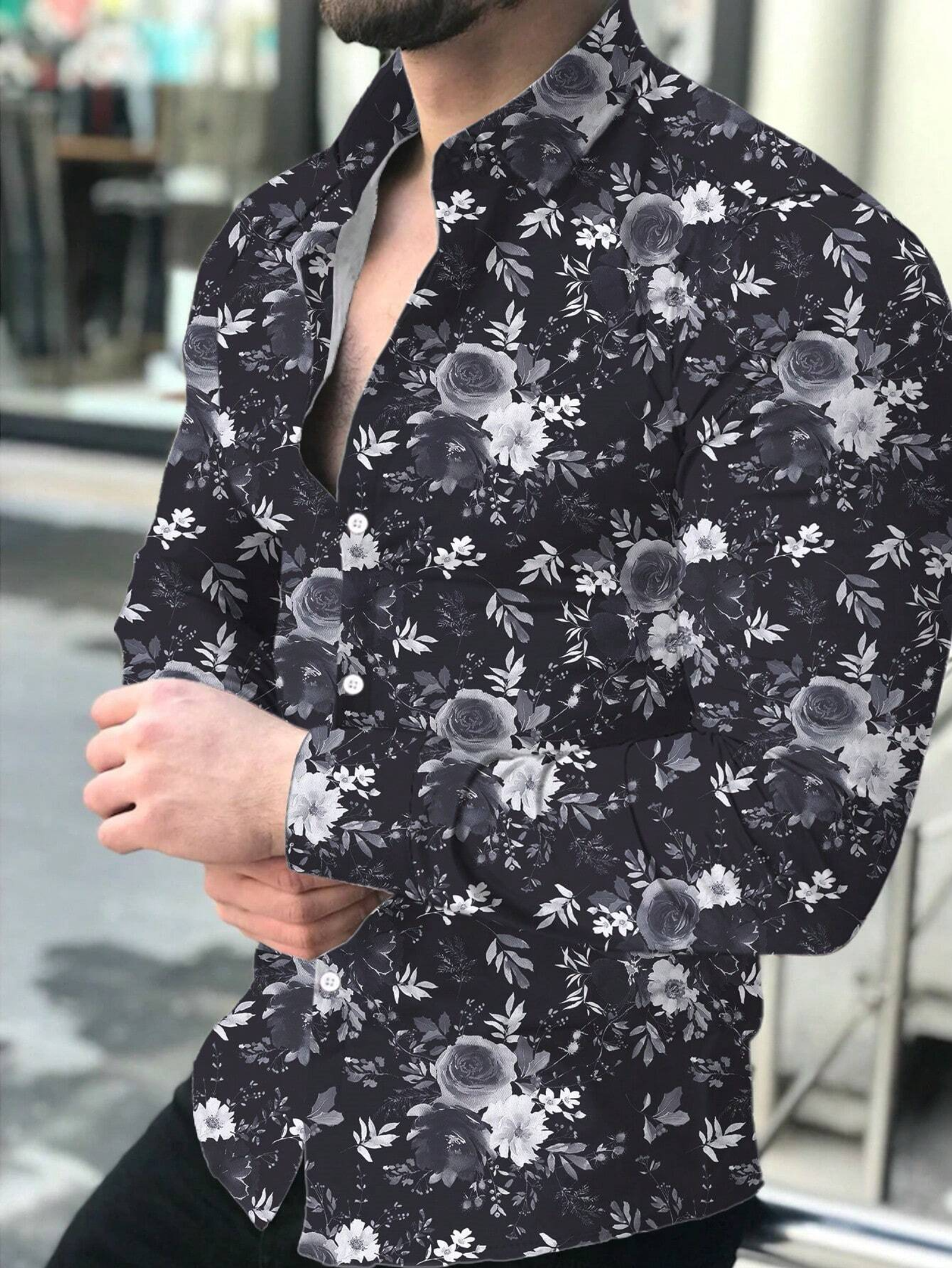 2025 Fashion Flower Print Men's Long Sleeve Shirt
