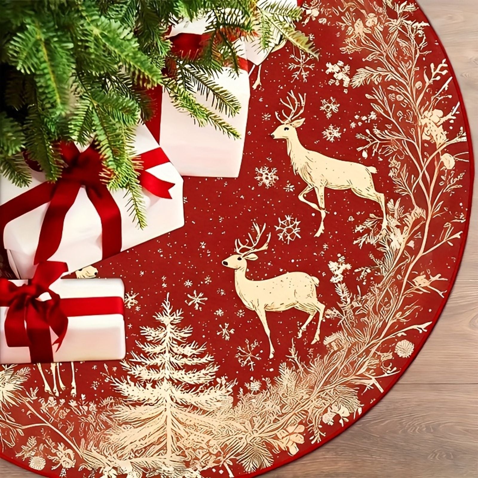 Christmas Tree Skirt in Red and Gold with Deer Design