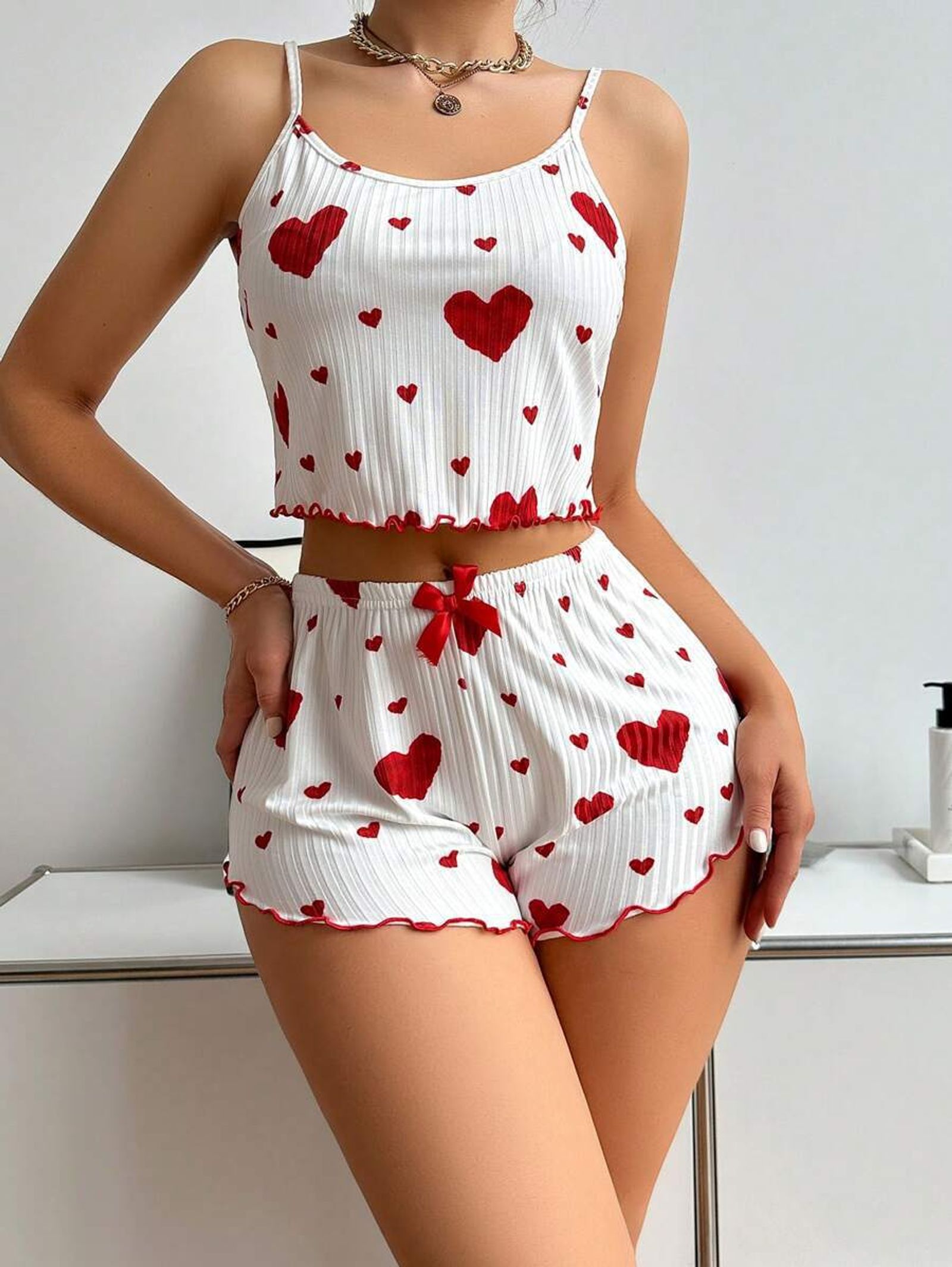 Womens 2PCS Heart Print Pajama Set - Sleeveless Crop Top & Shorts