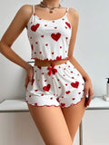 Womens 2PCS Heart Print Pajama Set - Sleeveless Crop Top & Shorts