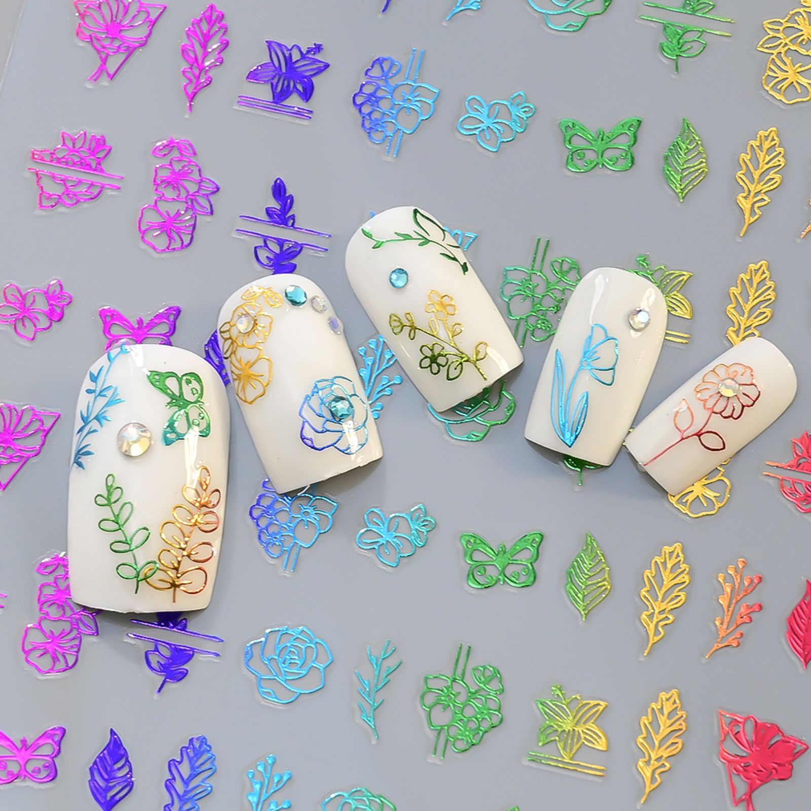 12pcs Self-Adhesive Laser Flower and Leaf Nail Art Stickers